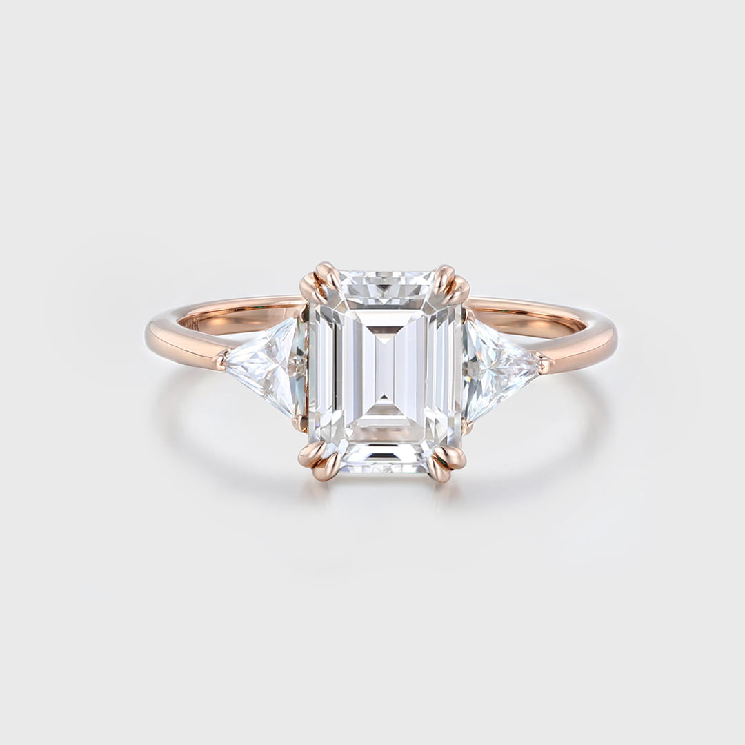2 Carat Emerald Cut Moissanite Three Stone Ring 14k Rose Gold Engagement Ring Bridal Promise Anniversary