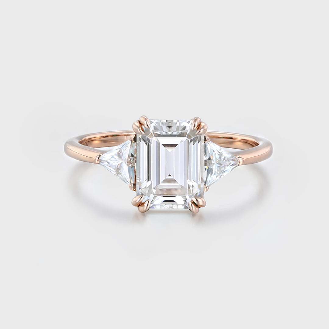 2 Carat Emerald Cut Moissanite Three Stone Ring 14k Rose Gold Engagement Ring Bridal Promise Anniversary