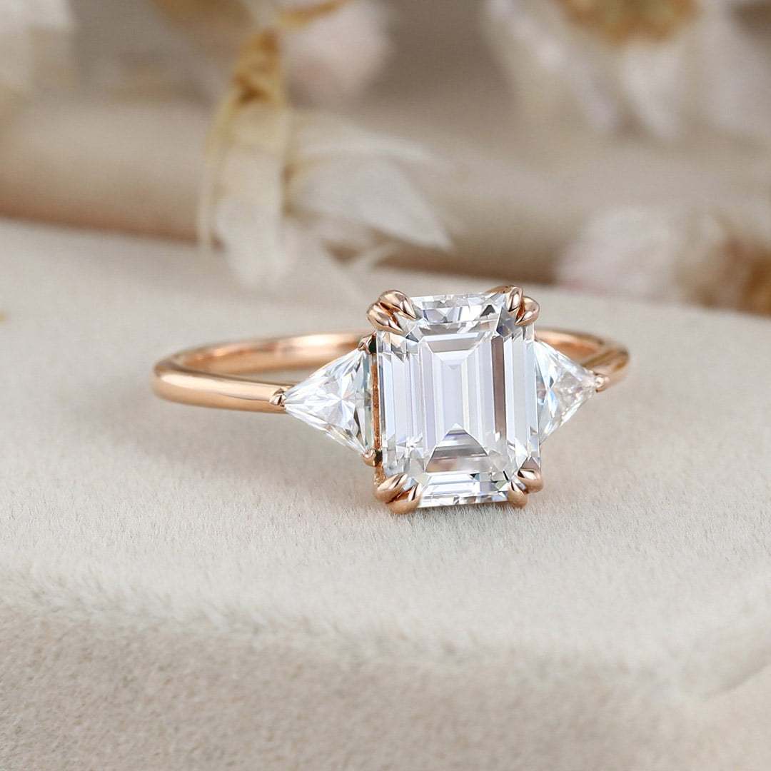 1.5ct Emerald cut Moissanite engagement ring Rose gold engagement ring Vintage triangle moissanite ring diamond ring Bridal promise Anniversary