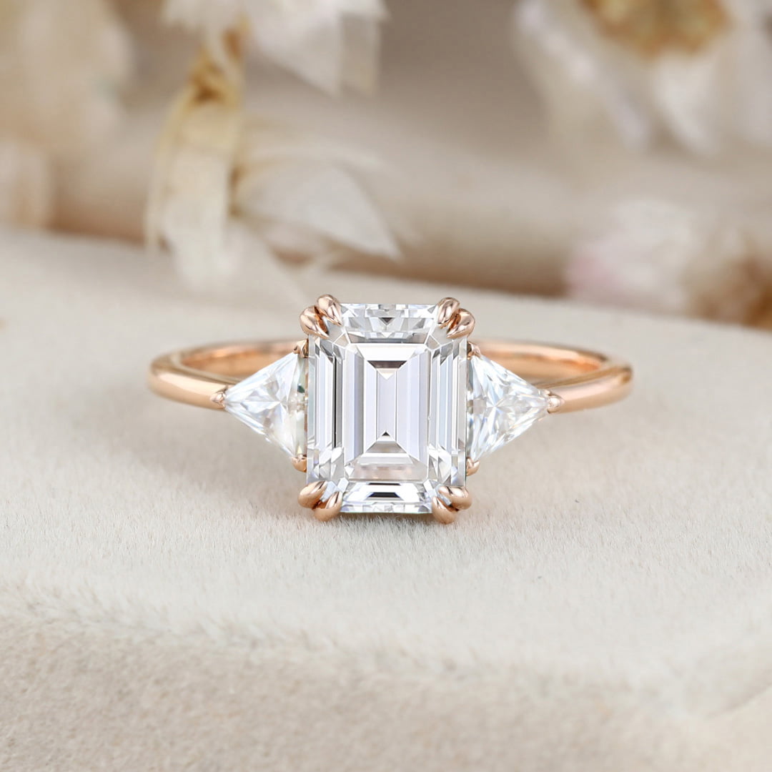 1.5ct Emerald cut Moissanite engagement ring Rose gold engagement ring Vintage triangle moissanite ring diamond ring Bridal promise Anniversary