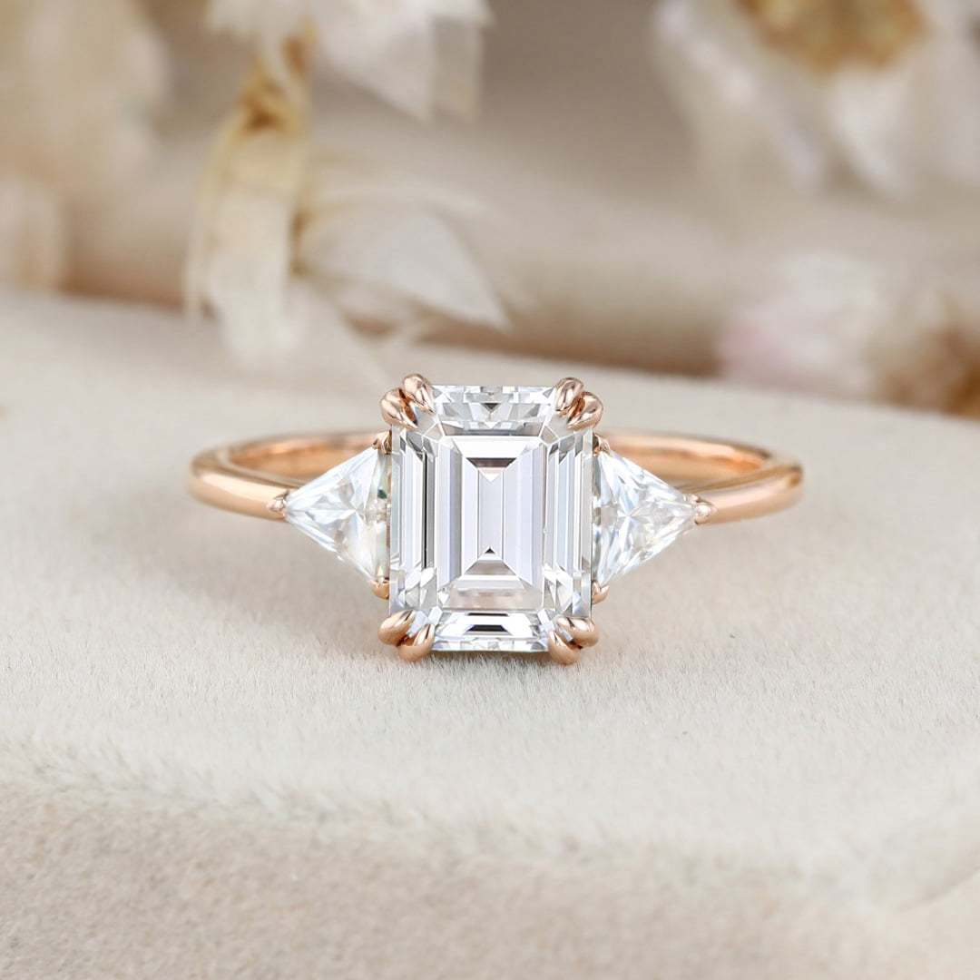 1.5ct Emerald cut Moissanite engagement ring Rose gold engagement ring Vintage triangle moissanite ring diamond ring Bridal promise Anniversary