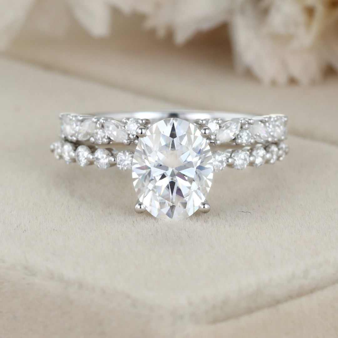 2.0ct Oval Cut Moissanite Engagement Ring Set Half Eternity Band Wedding Ring 14K White Gold Diamond Marquise Ring Anniversary gift