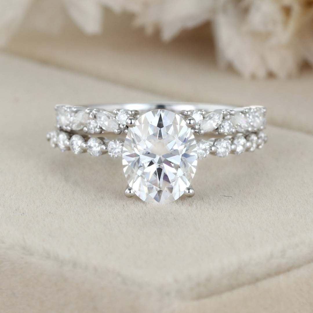 2.0ct Oval Cut Moissanite Engagement Ring Set Half Eternity Band Wedding Ring 14K White Gold Diamond Marquise Ring Anniversary gift