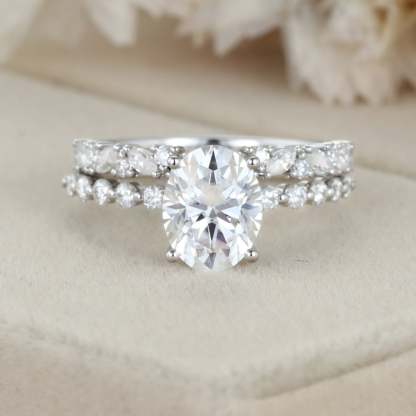 2.0ct Oval Cut Moissanite Engagement Ring Set Half Eternity Band Wedding Ring 14K White Gold Diamond Marquise Ring Anniversary gift
