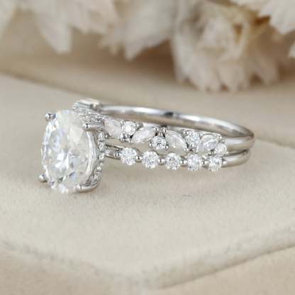 2.0ct Oval Cut Moissanite Engagement Ring Set Half Eternity Band Wedding Ring 14K White Gold Diamond Marquise Ring Anniversary gift