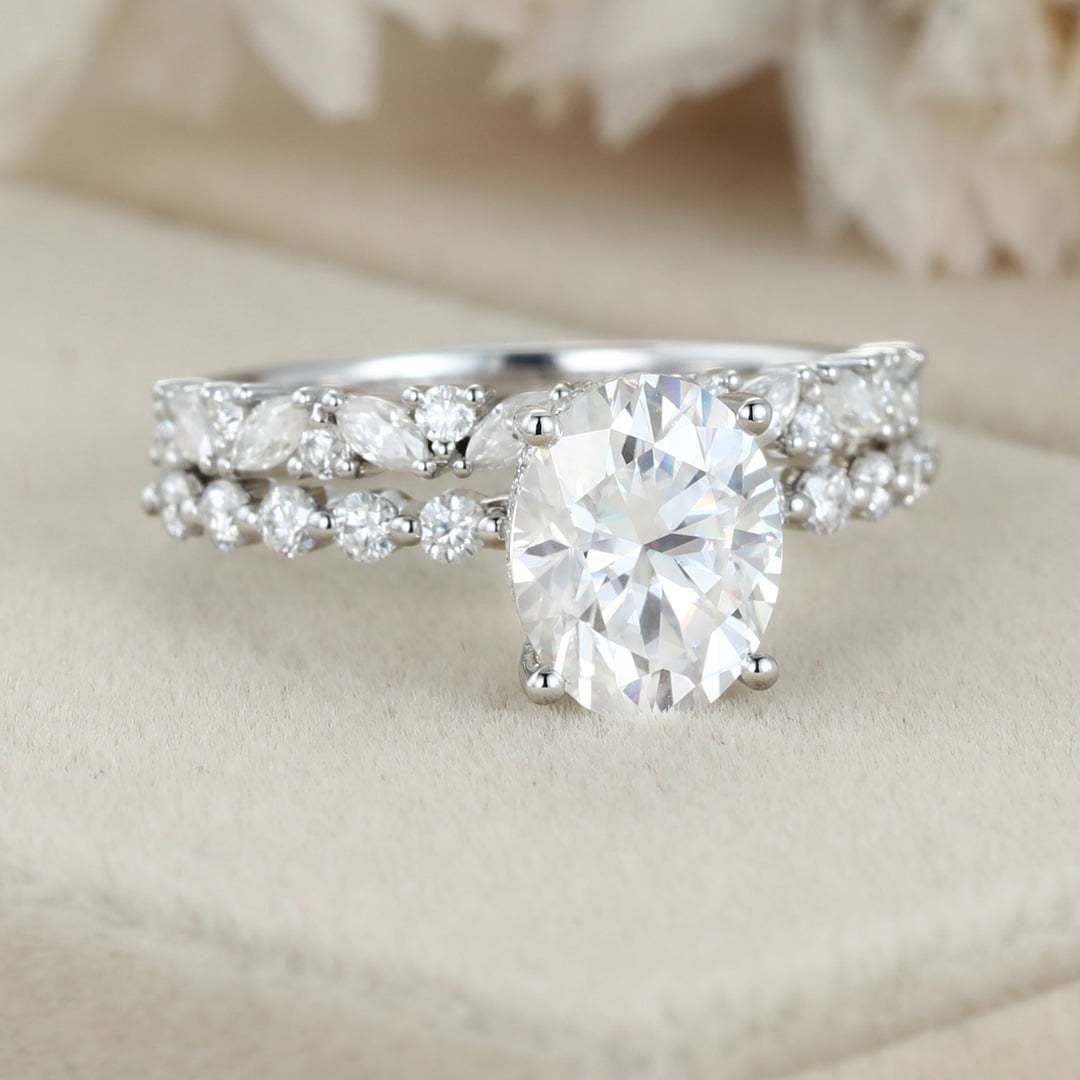 2.0ct Oval Cut Moissanite Engagement Ring Set Half Eternity Band Wedding Ring 14K White Gold Diamond Marquise Ring Anniversary gift