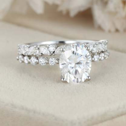 2.0ct Oval Cut Moissanite Engagement Ring Set Half Eternity Band Wedding Ring 14K White Gold Diamond Marquise Ring Anniversary gift