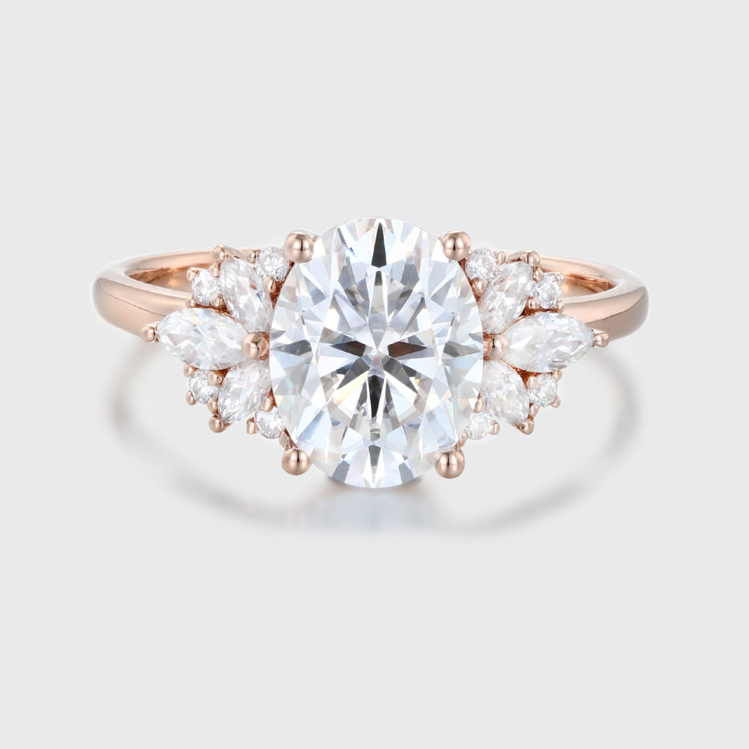 2.0ct Oval Moissanite engagement ring Vintage Rose gold Cluster engagement ring Art Deco marquise engagement ring Bridal Promise Anniversary