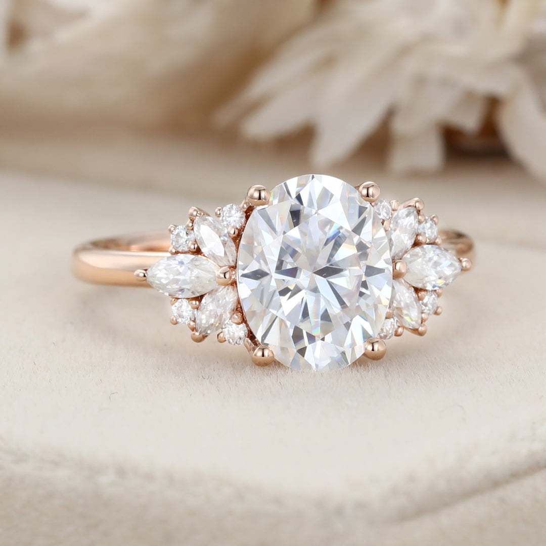 2.0ct Oval Moissanite engagement ring Vintage Rose gold Cluster engagement ring Art Deco marquise engagement ring Bridal Promise Anniversary