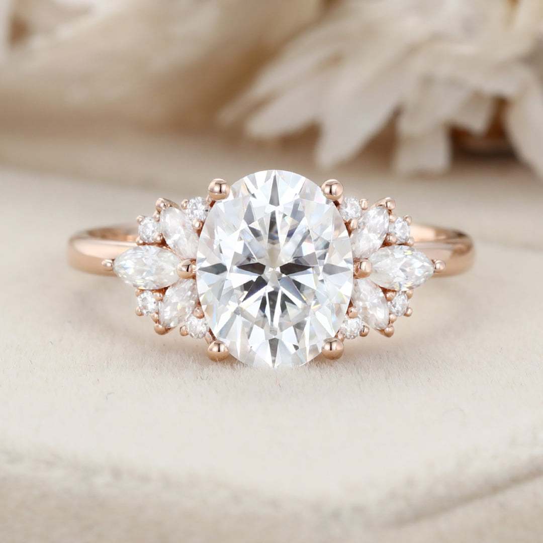 2.0ct Oval Moissanite engagement ring Vintage Rose gold Cluster engagement ring Art Deco marquise engagement ring Bridal Promise Anniversary