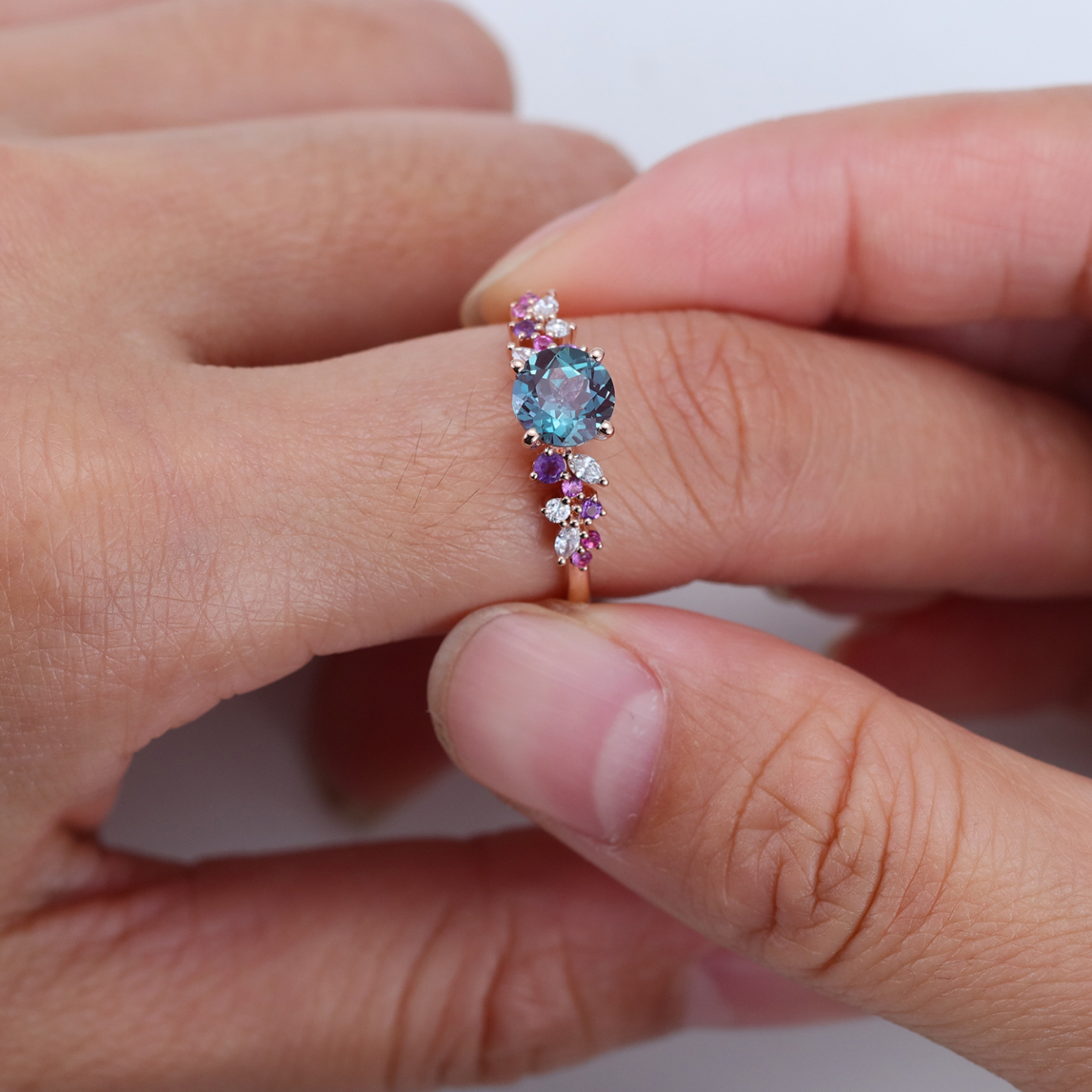 Round Cut Lab Alexandrite and Colored Gemstone Engagement Ring Vintage 14K Rose Gold