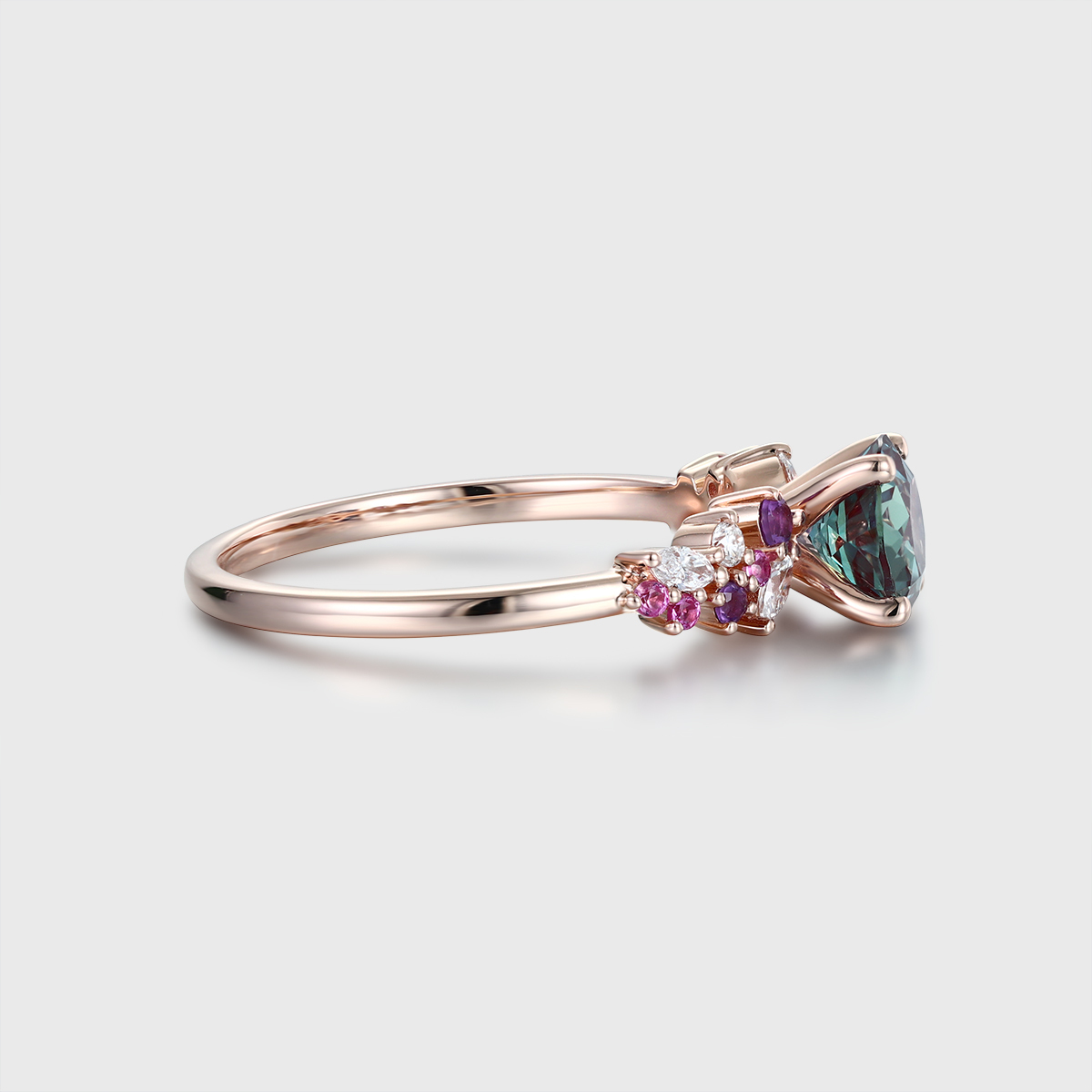 Round Cut Lab Alexandrite and Colored Gemstone Engagement Ring Vintage 14K Rose Gold