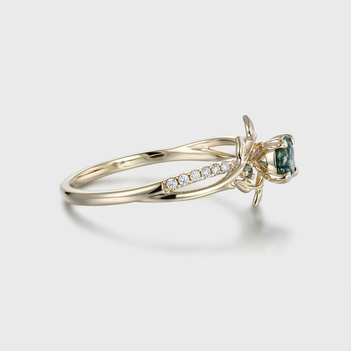 Moss Agate Engagement Ring Solid Gold Ring Round Cut Wedding Ring Delicate Leaf Branch Floral Promise Ring Women Nature Inspired Ring