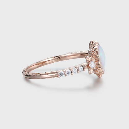 Unique Oval Natural Opal Engagement Ring Vintage 14K Rose gold Wedding Ring Dainty Moissanite Round cluster Anniversary Ring For Women
