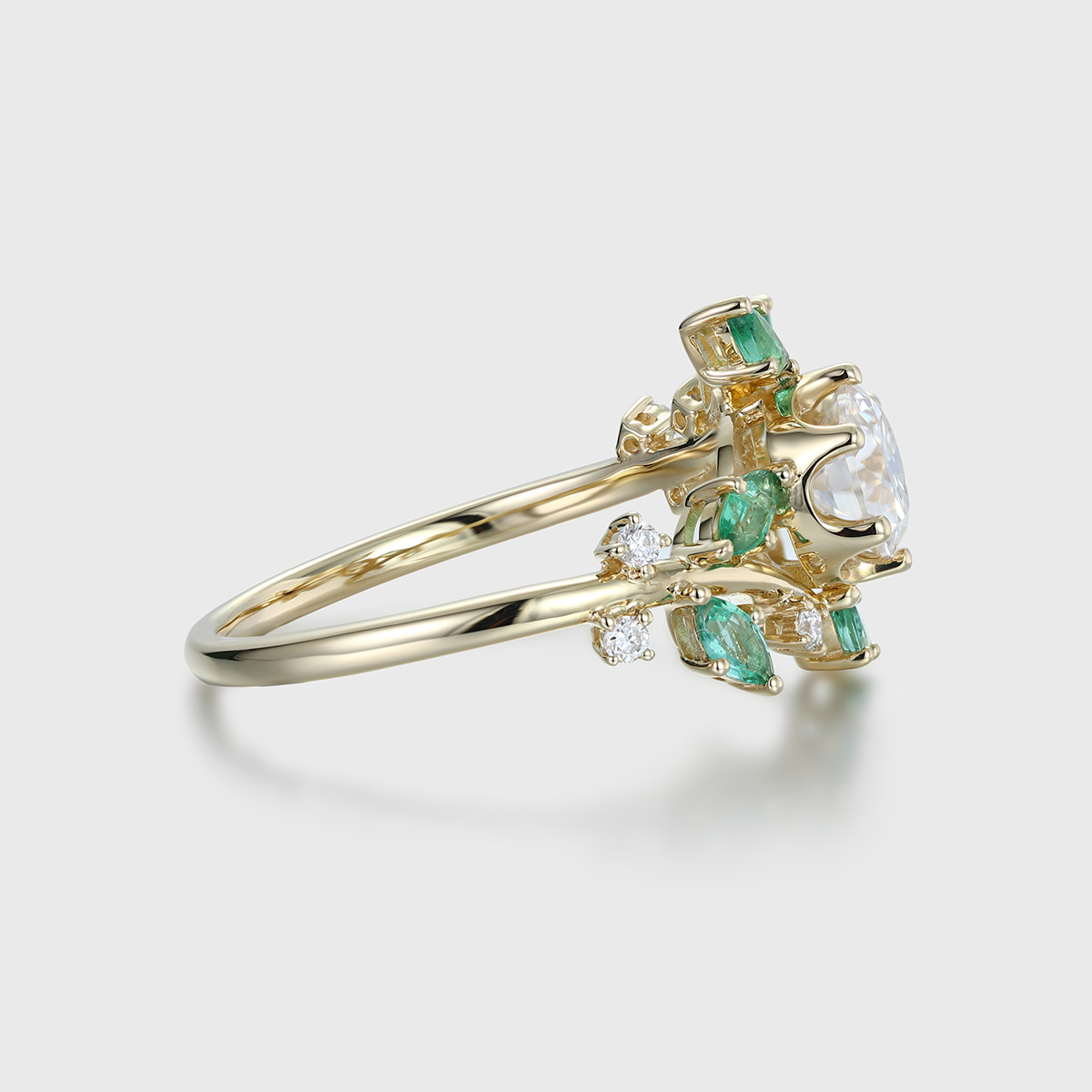 Round Moissanite Engagement Ring Vintage Unique 14K Solid gold Emerald Nature inspired Bridal set Anniversary gift