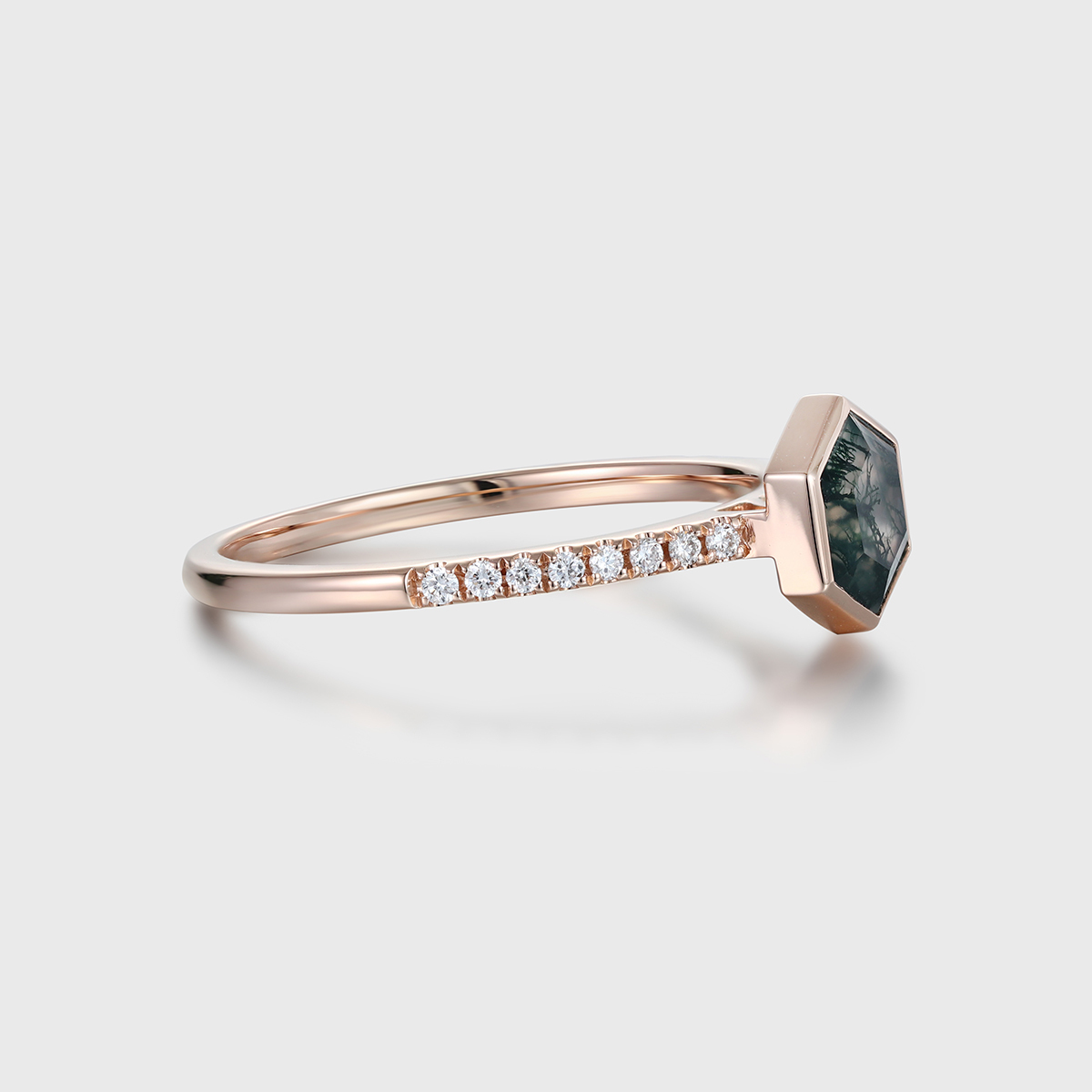 Unique Moss agate Engagement Ring Vintage Hexagon cut 14K Rose gold Wedding Ring Dainty Moissanite Round cluster Anniversary Ring For Women