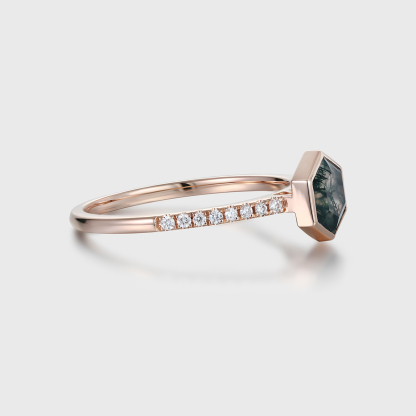 Unique Moss agate Engagement Ring Vintage Hexagon cut 14K Rose gold Wedding Ring Dainty Moissanite Round cluster Anniversary Ring For Women