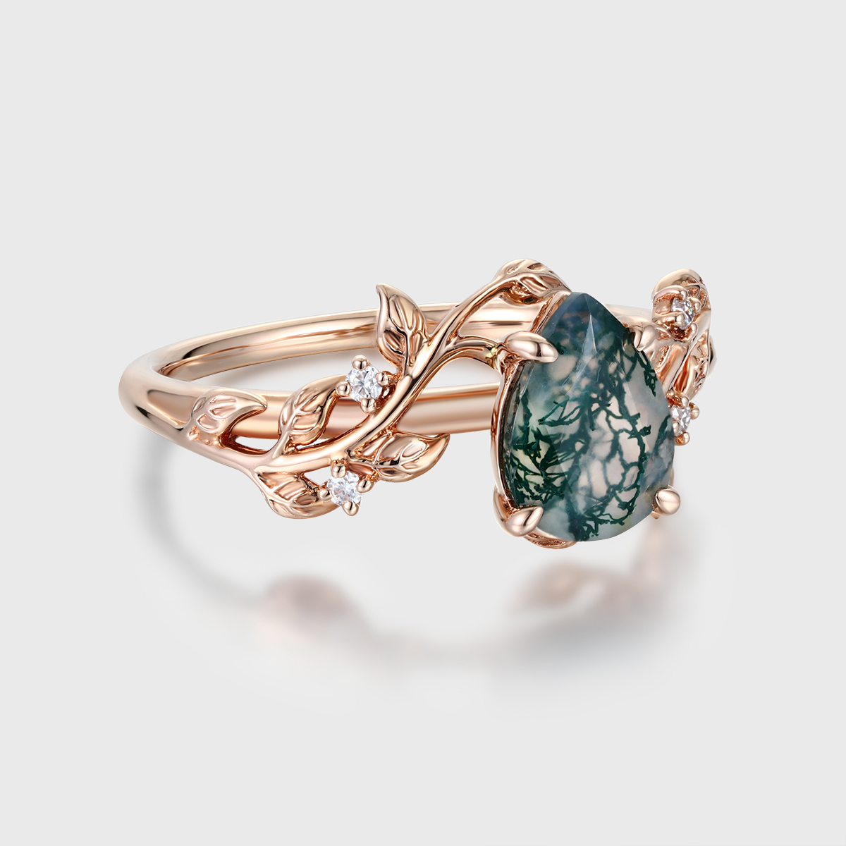 Leaf Nature-Inspired Pear-Shaped Moss Agate Ring in 14K Rose Gold – Unique Engagement Ring for Women