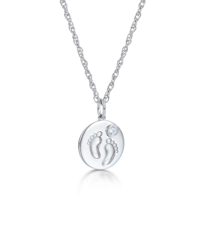 Custom Birthstone Footprints Engraved Round Medallion Pendant Necklace – Gold or Silver Plated – A Delicate Gift for Women, Moms, and Kids