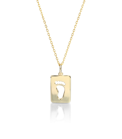 Yellow Gold Baby Footprints Customized Birthstones Engraved Name Square Pendant Necklace