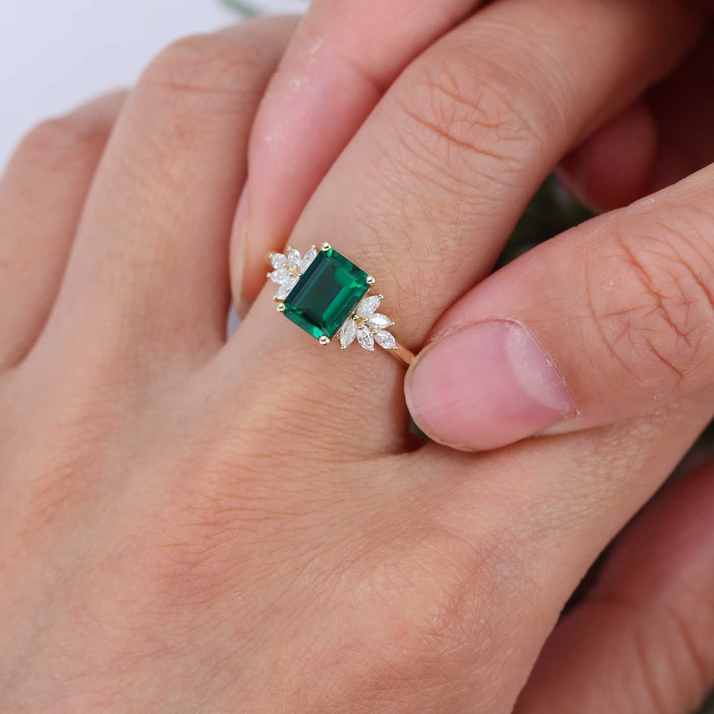 Emerald Cut Emerald and Diamond Engagement Ring – 14K Gold Vintage Promise & Anniversary Ring