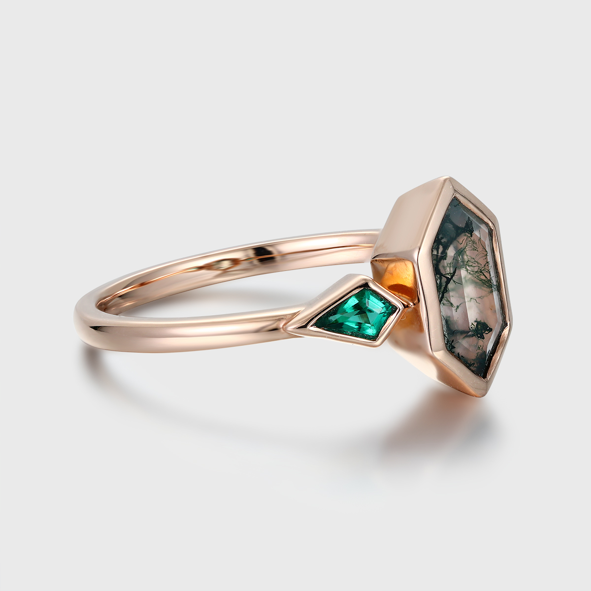 Three Stone Hexagon Cut Moss Agate and Emerald Engagement Ring – Bezel Set in 14K Rose Gold