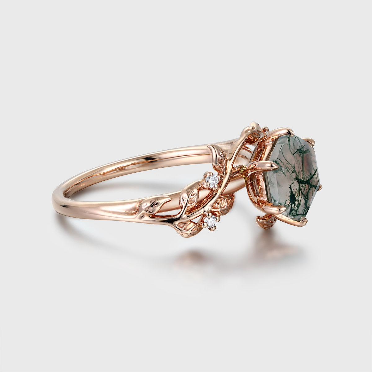 Vintage Hexagon Cut Green Moss Agate Engagement Ring in 14K Rose Gold - Nature-Inspired Leaf Diamond Ring, Women's Anniversary Gift