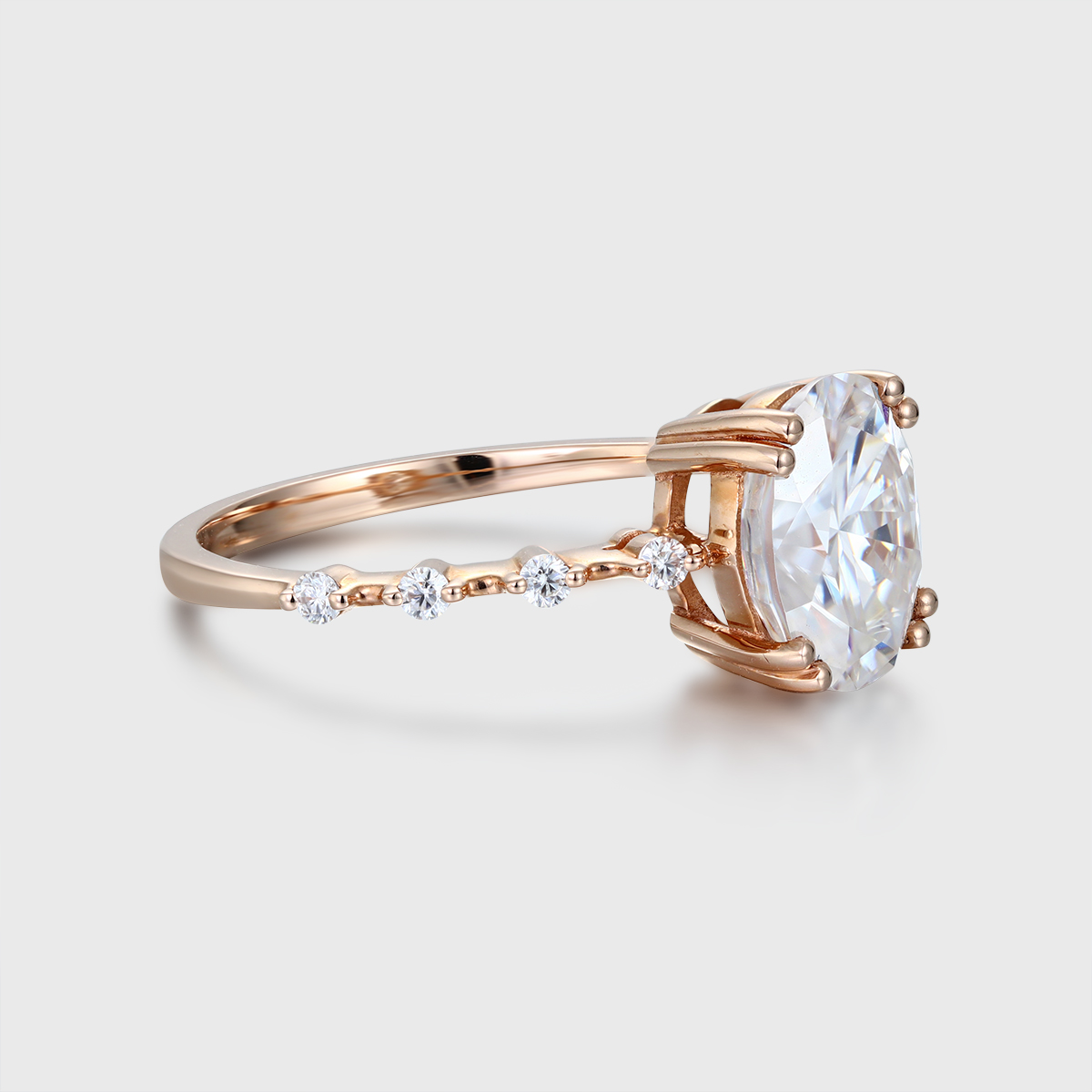 1.5 Carat Oval Moissanite Side Stones Engagement Ring – 14K Rose Gold Bridal Jewelry, Ethical Anniversary Gift for Her