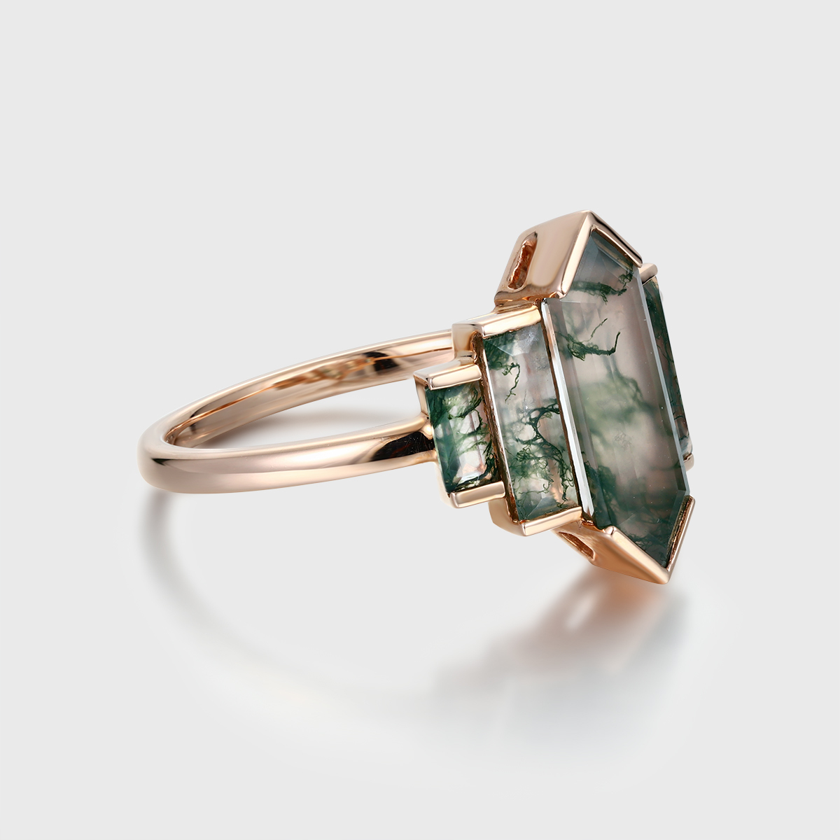 Hexagon Cut Moss Agate Engagement Ring – 14K Rose Gold Cluster Baguette Ring, Unique Bridal Jewelry