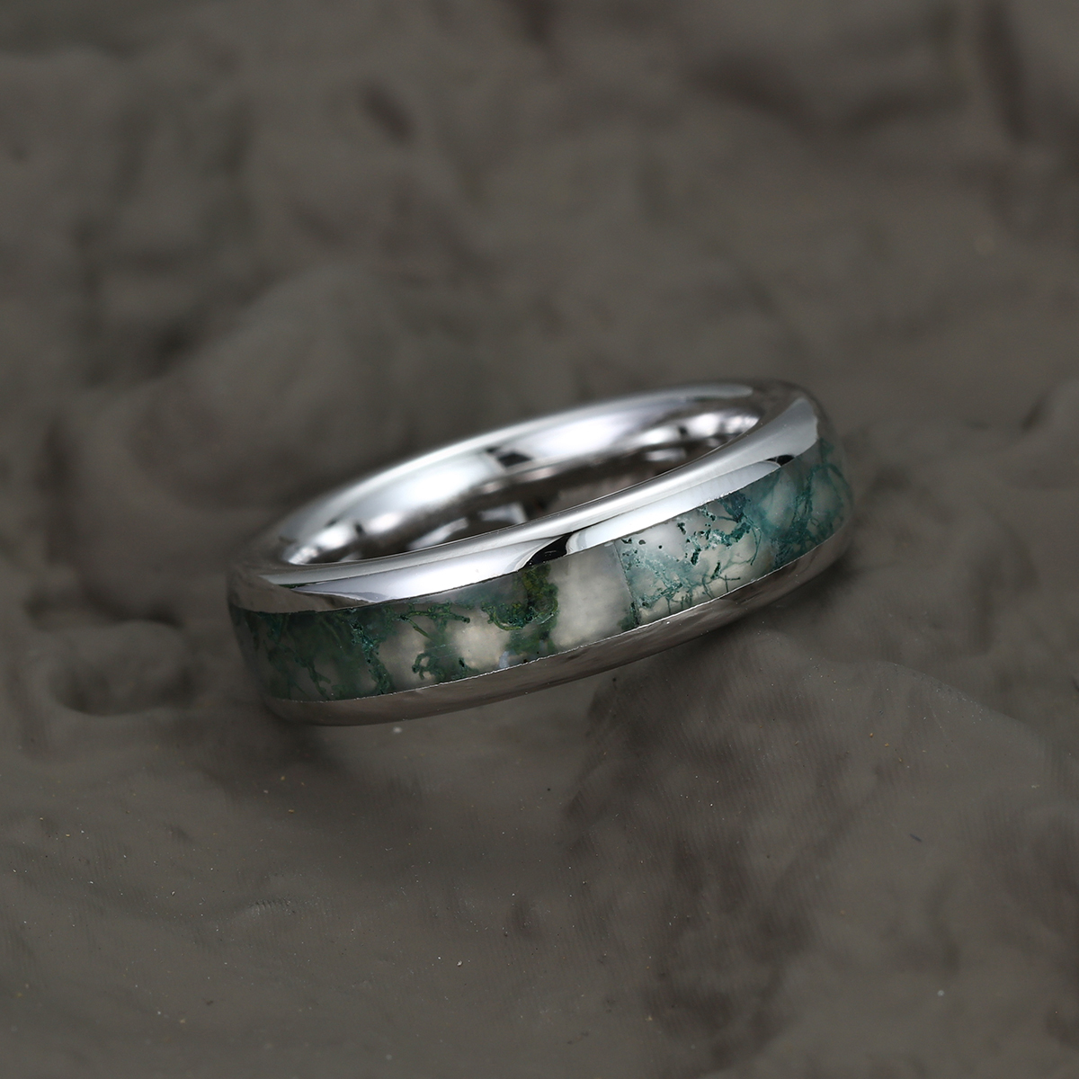 Unique Moss Agate Wedding Band Sterling Silver Nature Inspired Eco-Friendly Full Eternity 6mm Stacking Matching Rings Men Ring Gift For Him
