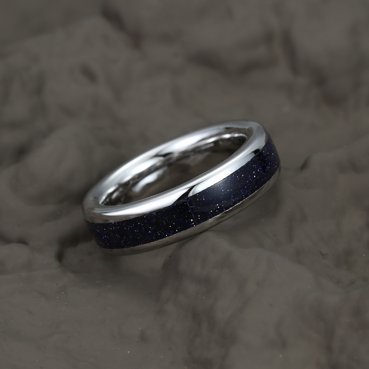 Unique Blue Sandstone Wedding Band Solid Gold Stacking Matching Rings Men Ring Gift For Him Comfort Fit 8mm & 6mm & 4mm