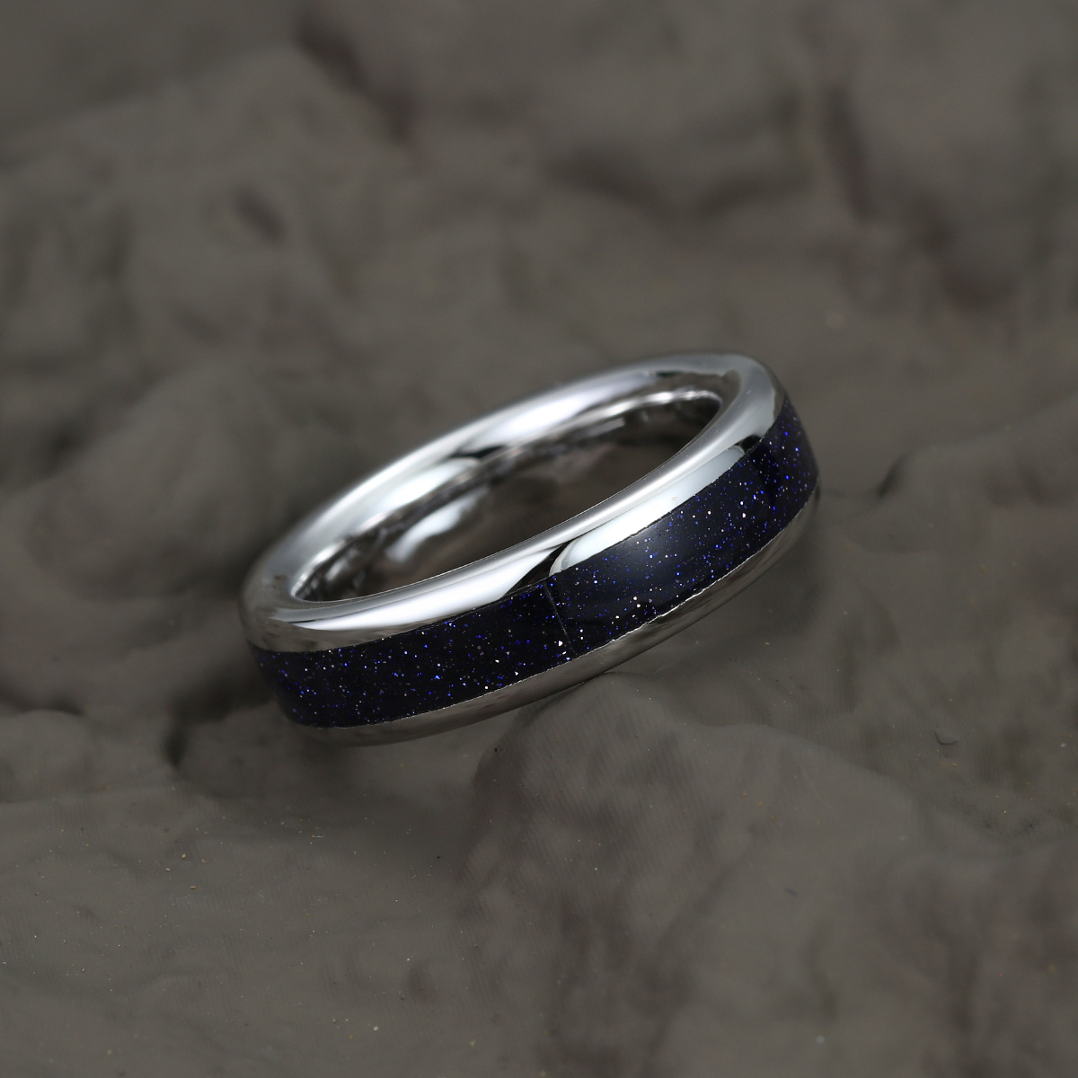 Unique Blue Sandstone Wedding Band Solid Gold Stacking Matching Rings Men Ring Gift For Him Comfort Fit 8mm & 6mm & 4mm