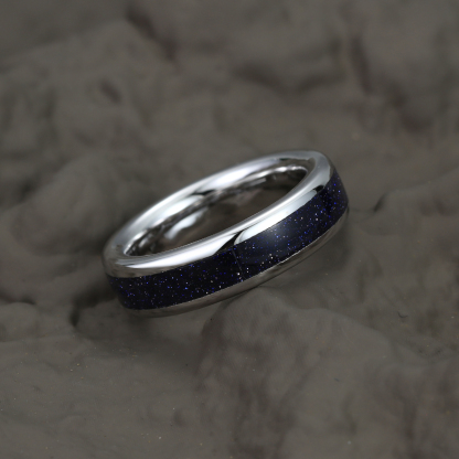 Unique Blue Sandstone Wedding Band Solid Gold Stacking Matching Rings Men Ring Gift For Him Comfort Fit 8mm & 6mm & 4mm