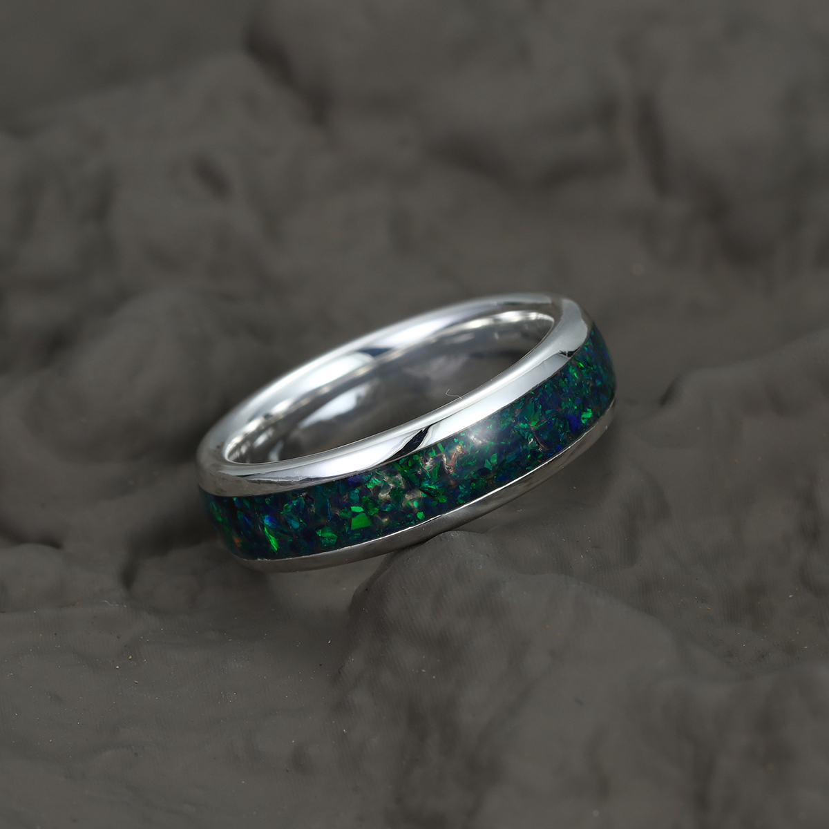 Black Gold Wedding Ring Green Opal Ring Unique Anniversary Ring Sterling Silver Wedding Band Comfort Fit