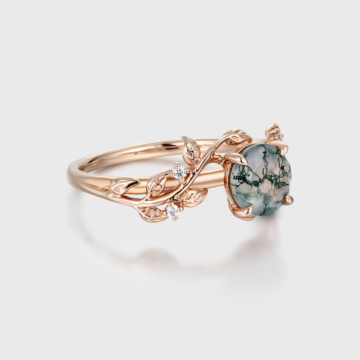 Leaf Nature-Inspired Round Cut Green Moss Agate Engagement Ring in 14K Rose Gold – Unique Bridal Promise Ring
