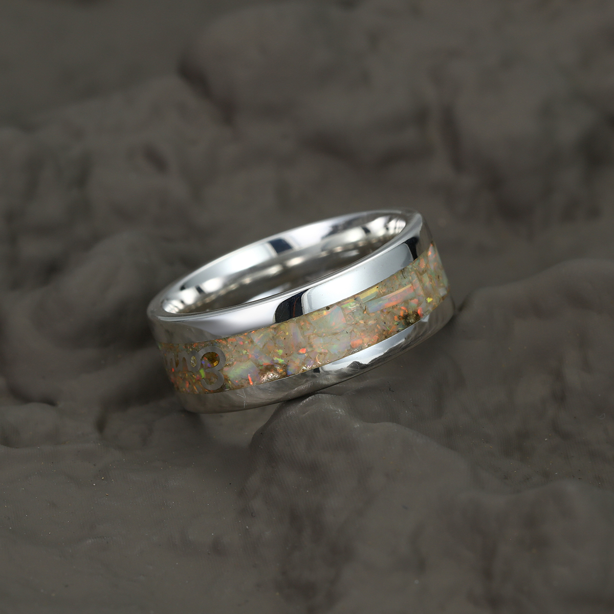 His and Hers Wedding Band, Crushed Opal Ring, 8mm & 6mm&4mm Silver Ring Set, Couples Ring, Polish, Dome, Comfort Fit
