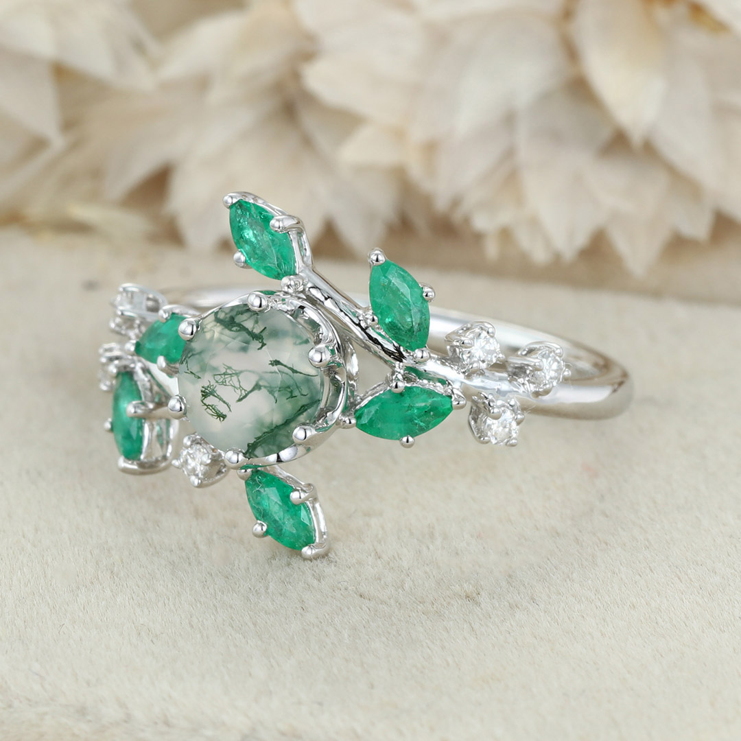 Round Moss agate Engagement Ring Vintage Unique 14K Solid White gold Moissanite engagement ring nature inspired Bridal set Anniversary gift