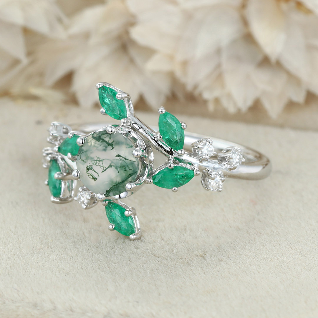 Round Moss agate Engagement Ring Vintage Unique 14K Solid White gold Moissanite engagement ring nature inspired Bridal set Anniversary gift