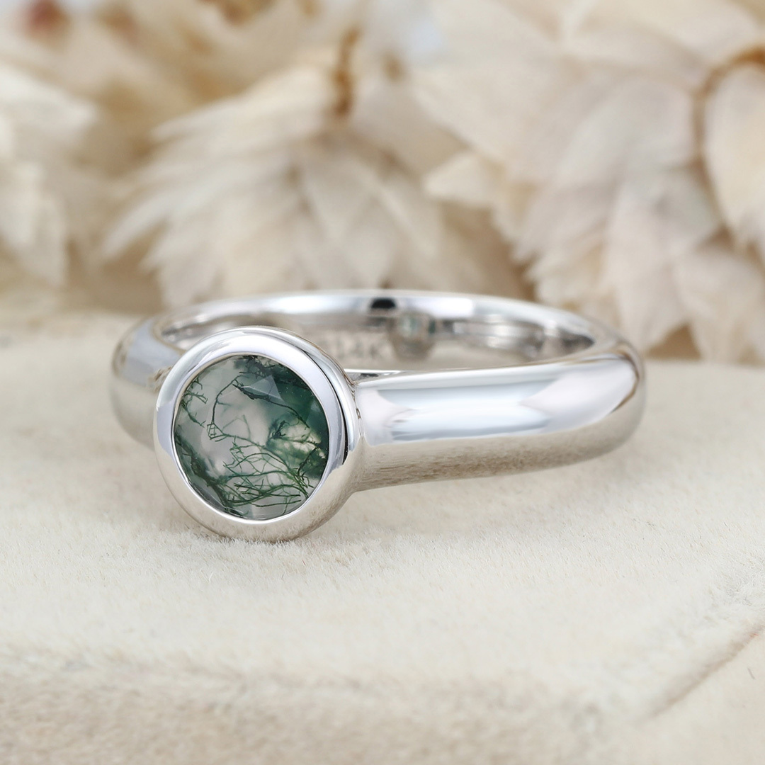Bezel set Moissanite engagement Ring 14/18K White gold wedding& engagement ring Unique art deco ring Bridal promise Anniversary gift for her