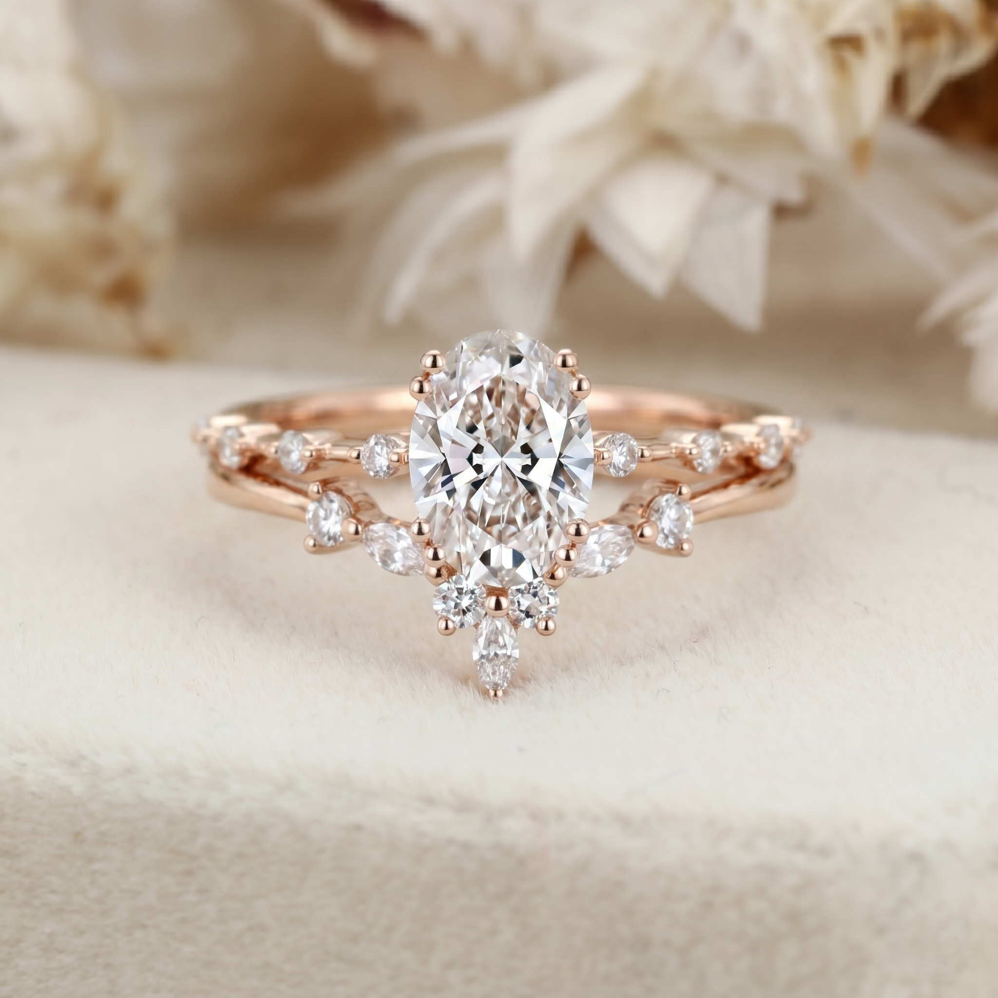 Vintage 1.5 Carat Oval Lab Grown Diamonds Bridal Ring Set in 14K Rose Gold – Engagement and Wedding Set
