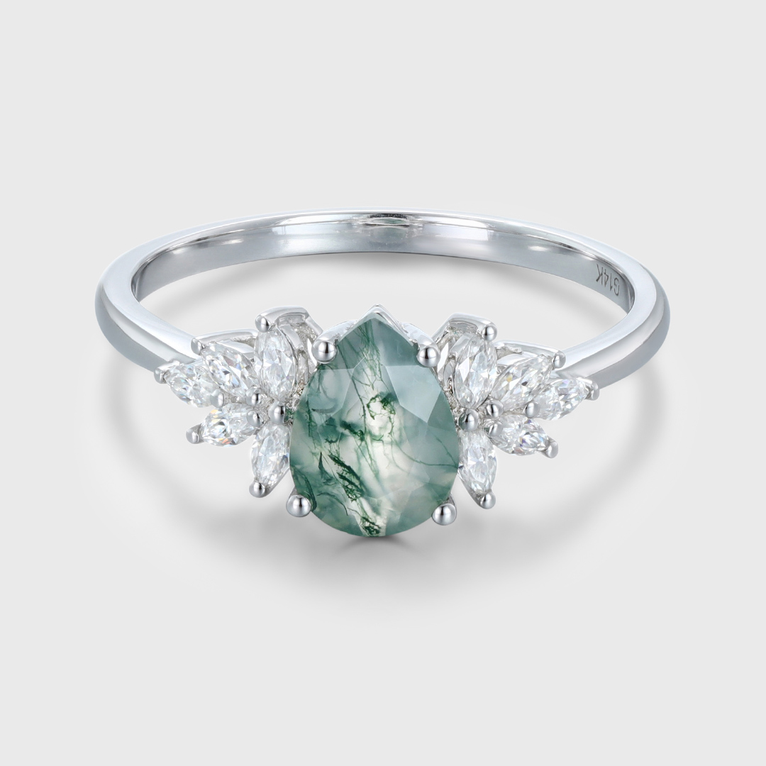 Natural Green Moss Agate Pear cut Cluster Engagement rings