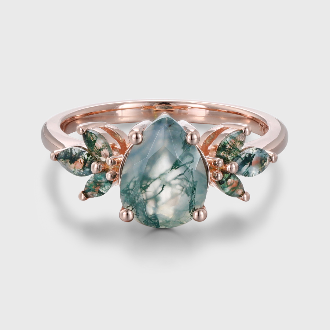Natural Green Moss Agate pear cut cluster Engagement Ring