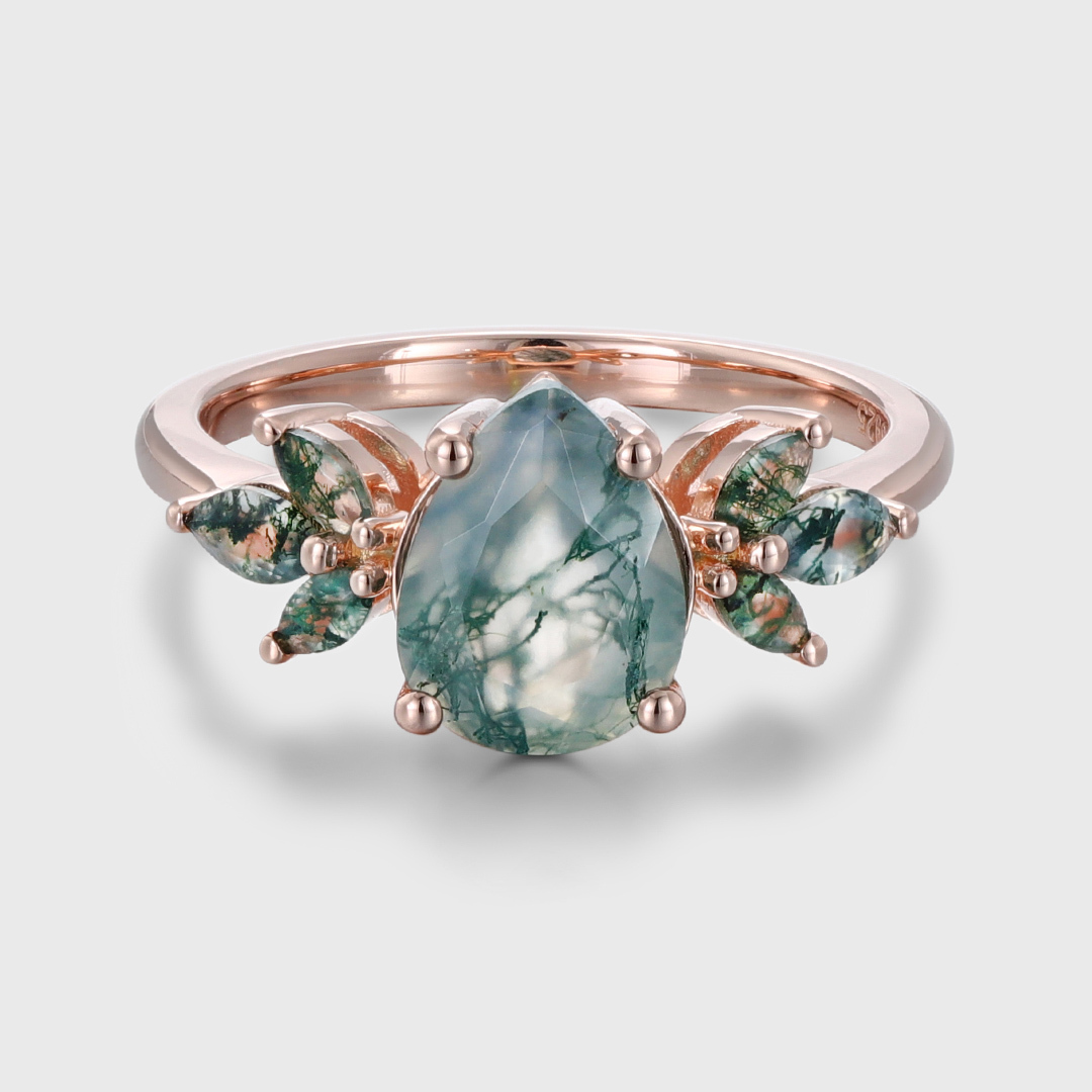 Natural Green Moss Agate pear cut cluster Engagement Ring