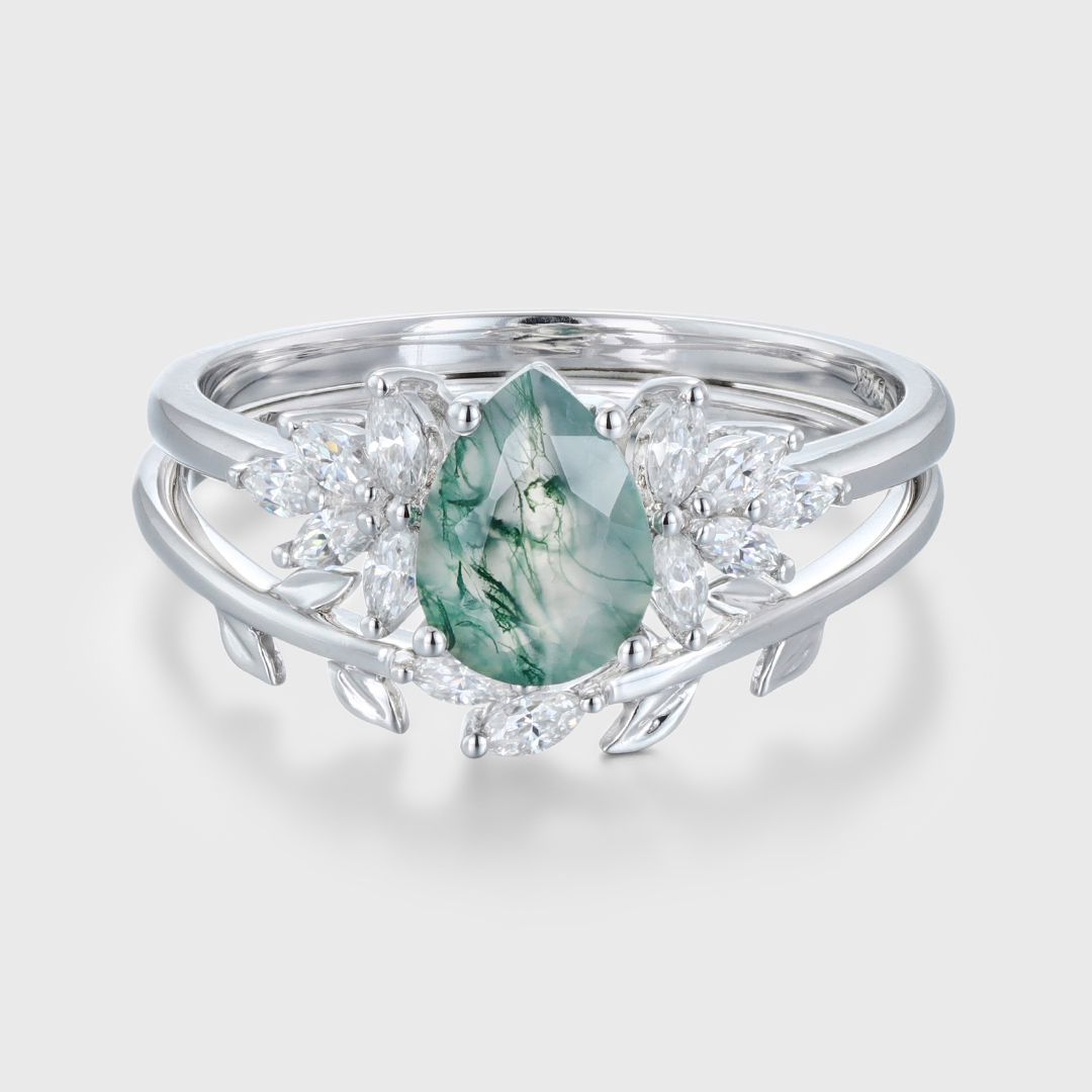 Natural Moss Agate Pear cut Engagement ring Bridal Sets