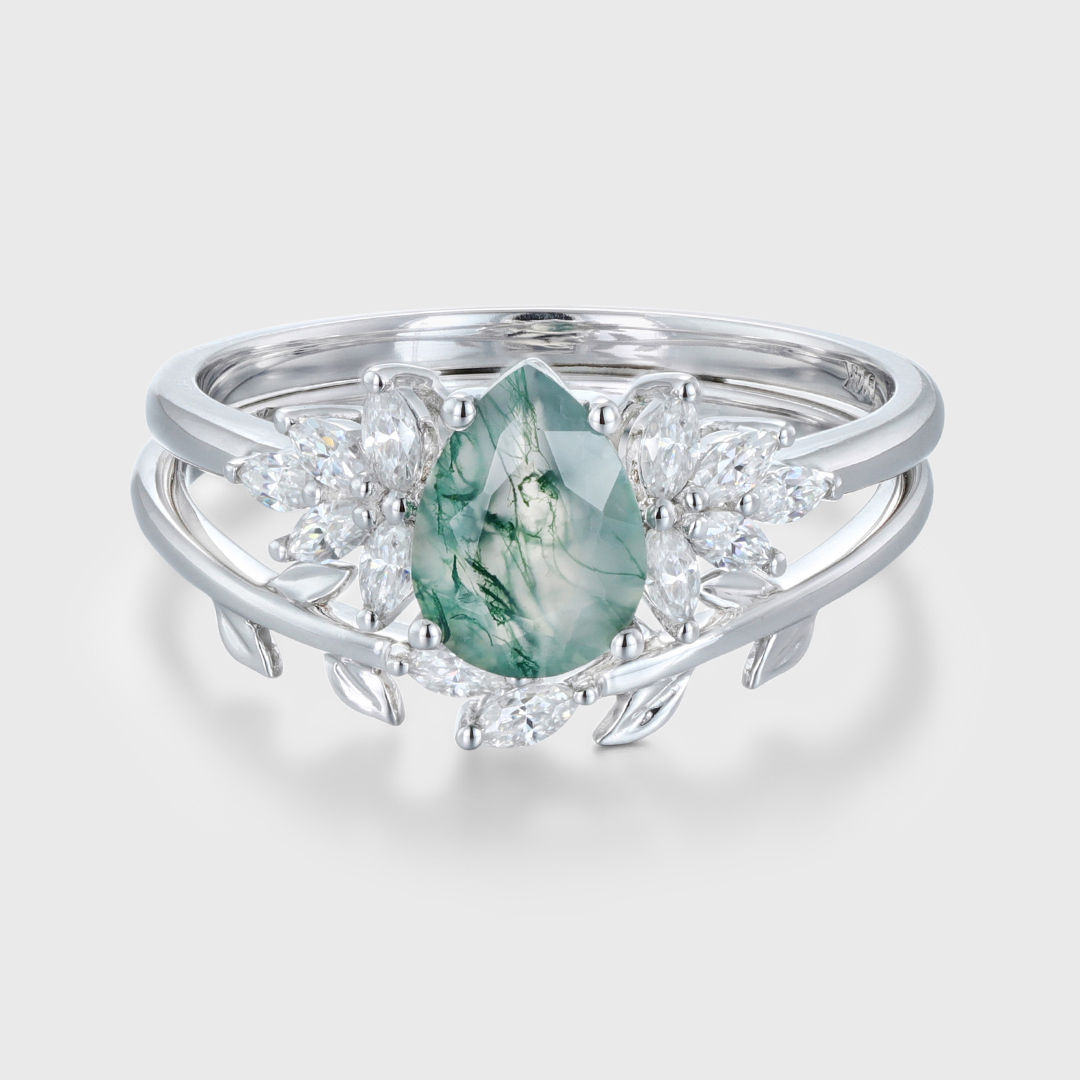 Natural Moss Agate Pear cut Engagement ring Bridal Sets
