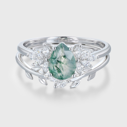 Natural Moss Agate Pear cut Engagement ring Bridal Sets