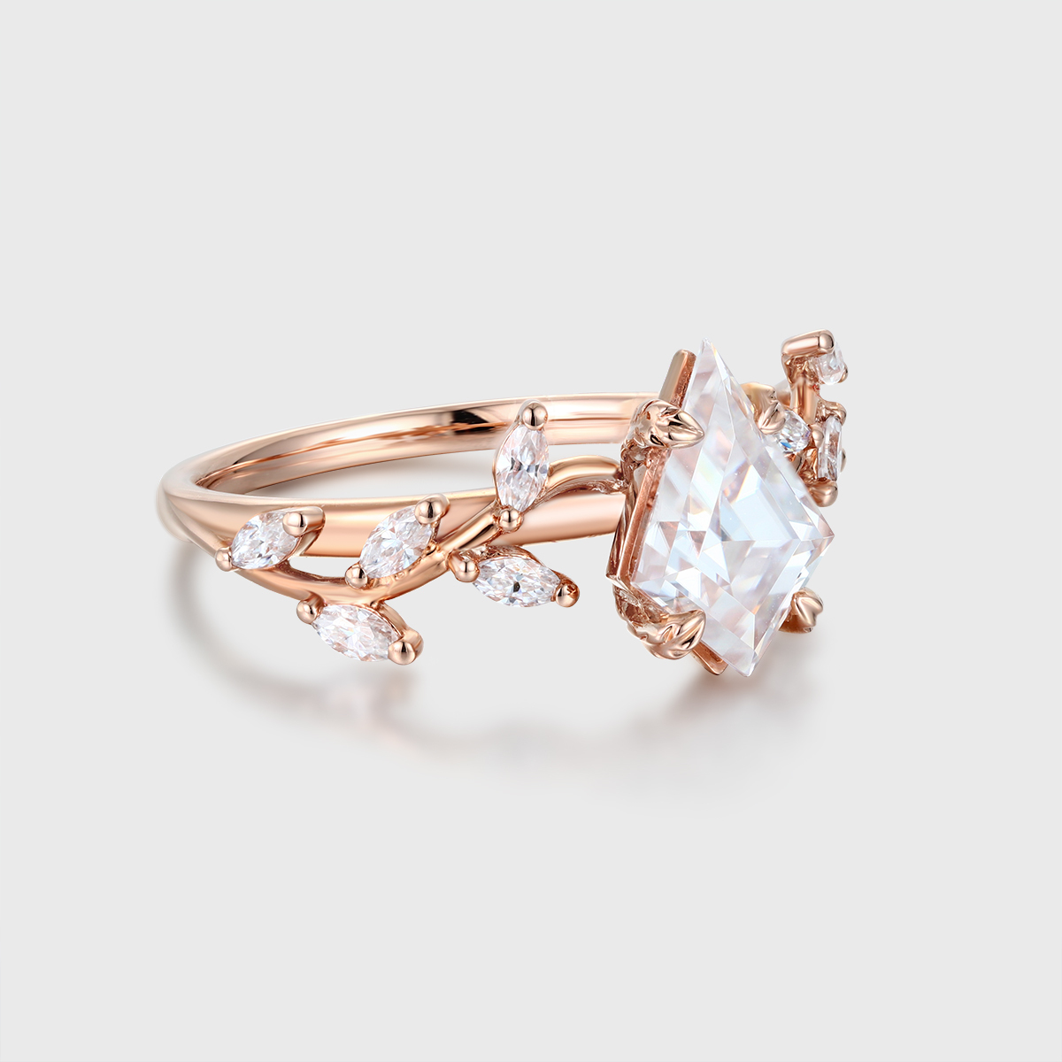 Nature-Inspired Kite Cut Moissanite Engagement Ring – 14K Rose Gold Unique Anniversary Gift for Her