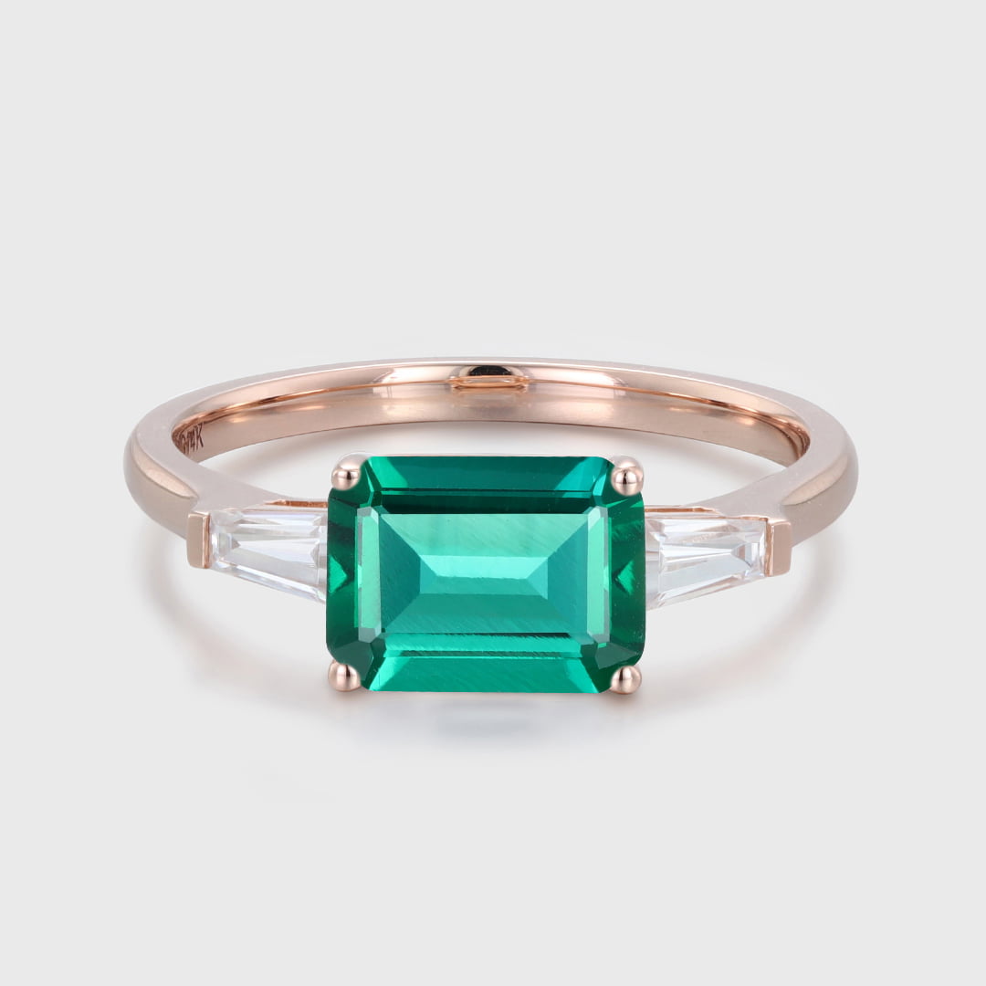 Three Stone 2 Carat 8x6mm Emerald Cut Lab Grown Emerald East West Engagement ring 14K Solid Gold Ring