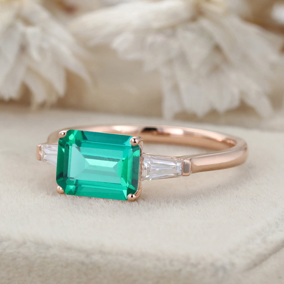 2 Carat 8x6mm Emerald Cut Lab-Grown Emerald East West Engagement ring 14K Solid Gold Ring