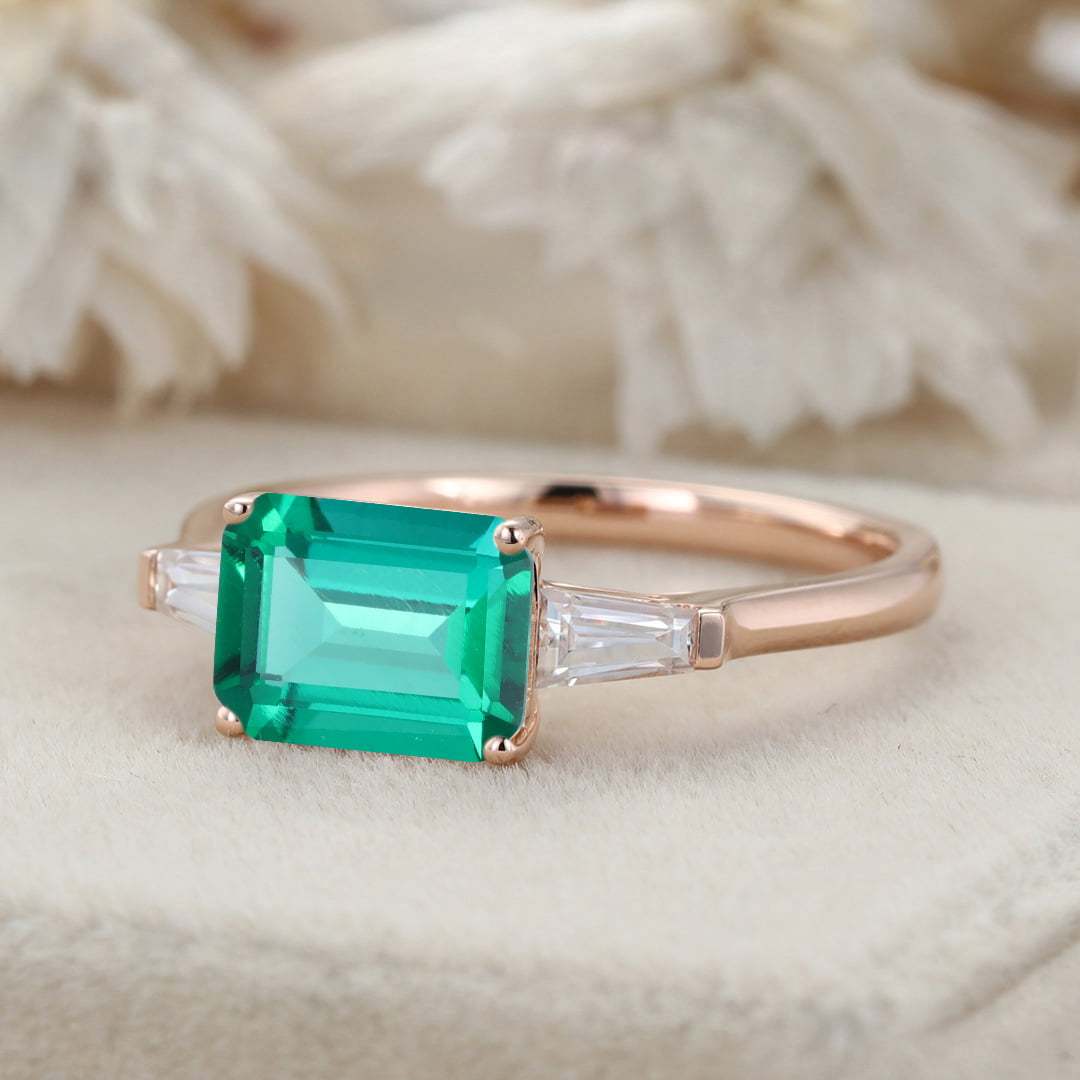 2 Carat 8x6mm Emerald Cut Lab-Grown Emerald East West Engagement ring 14K Solid Gold Ring